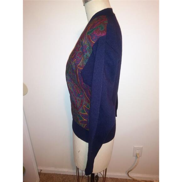 Vintage RALPH LAUREN Navy Blue 100% Wool & Paisley Print Cardigan Sweater M - Picture 4 of 6